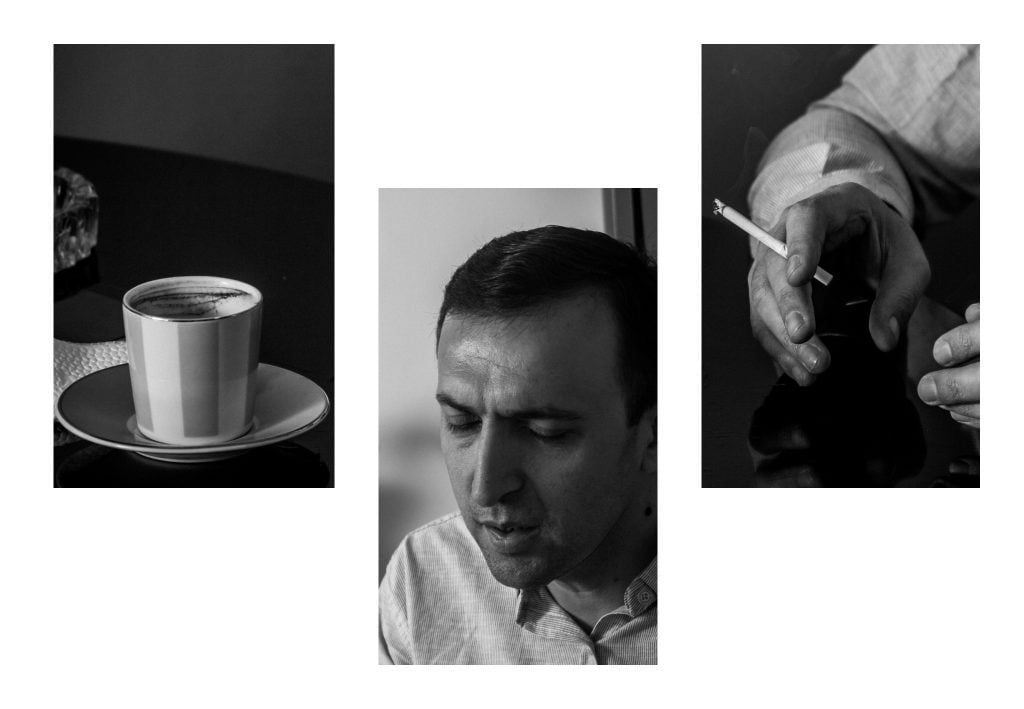 Коллаж из 3 фото, чашка кофе, Ашот, руки с сигаретой